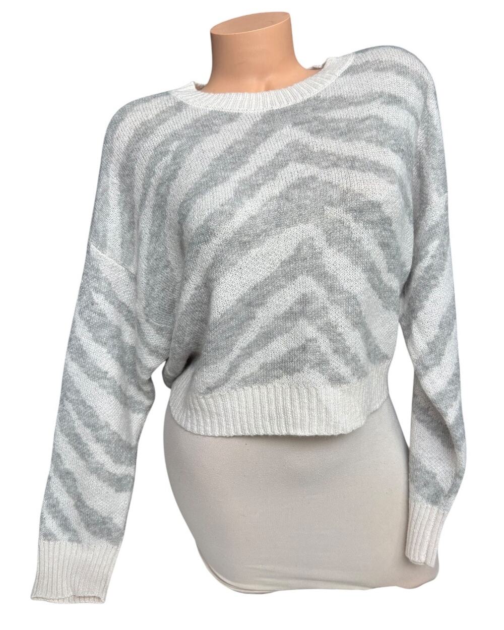 American Eagle Gray & White Zebra Print Knit Cropped Slouchy Cozy Sweater -Small